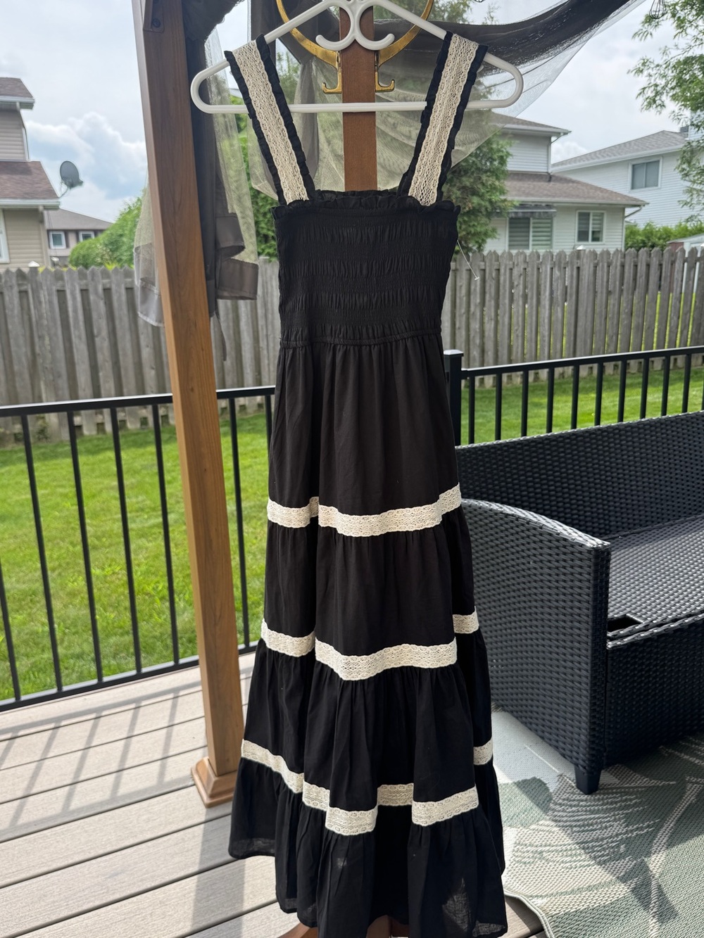 Black Maxi Dress with Ivory Lace Stripes